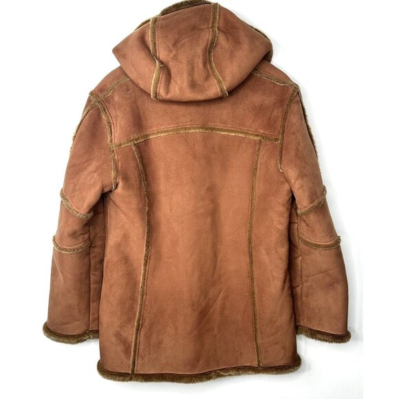 Womens Western Coat Ranch Boho Faux Sheepskin Faux Fur Lined Hooded Caramel M - Picture 2 of 16
